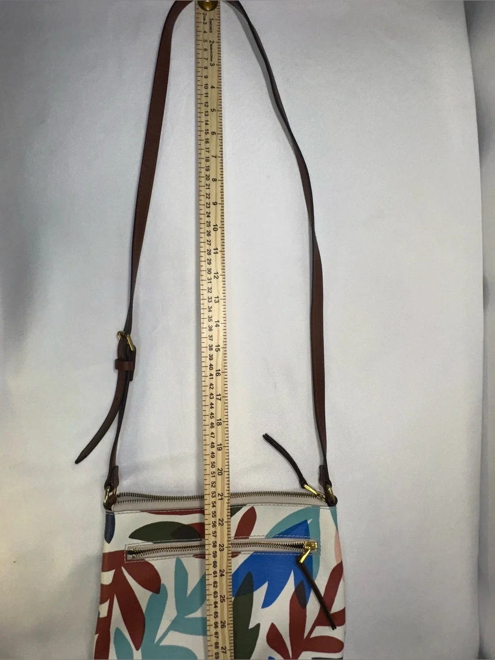 Fossil Fiona Crossbody Bag Abstract Leaf Floral Print Coated Canvas Purse